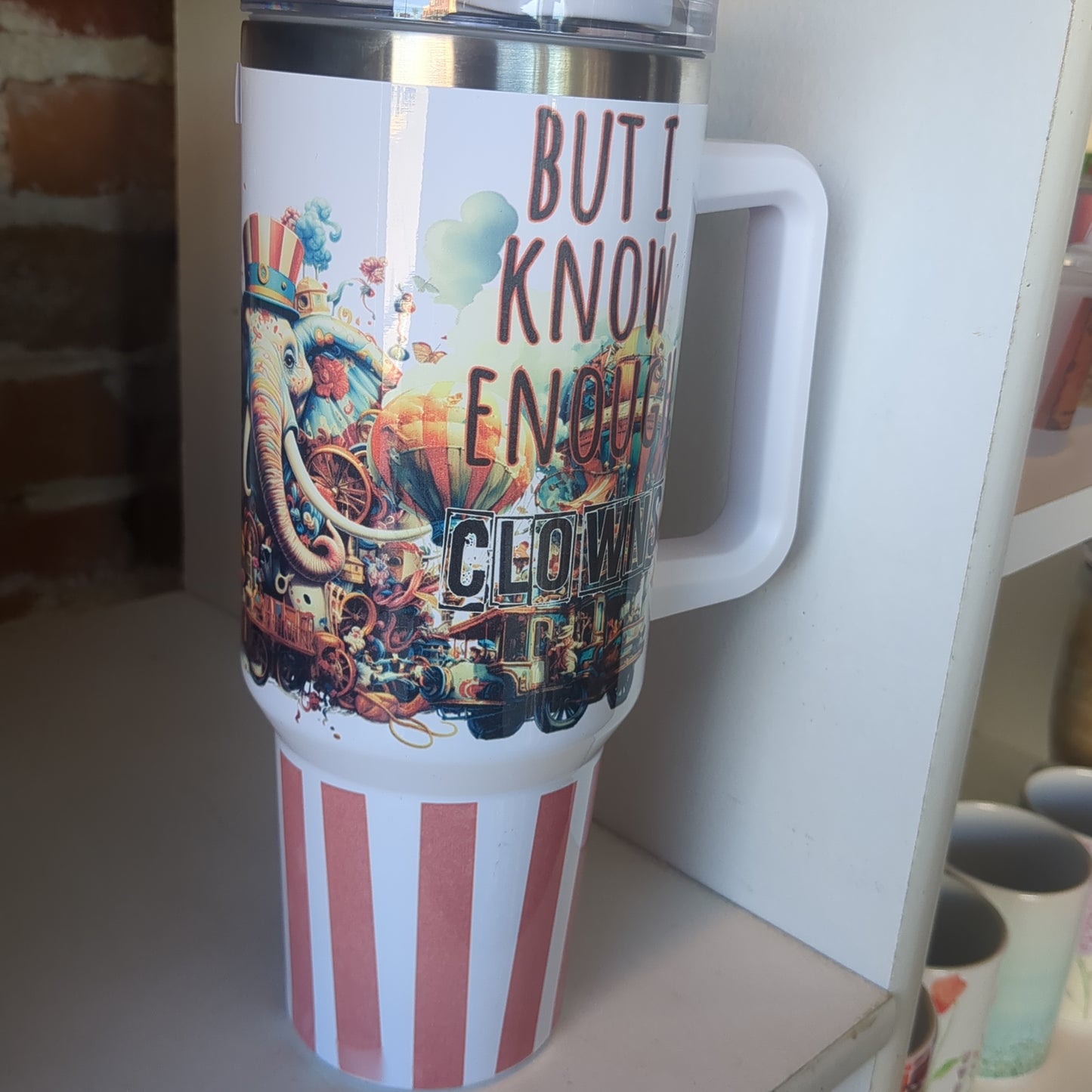40 oz stainless steel insulated Travel Travel tumbler says, "Not my circus, not my monkeys" NOT PERFECT at the bottom tcm9