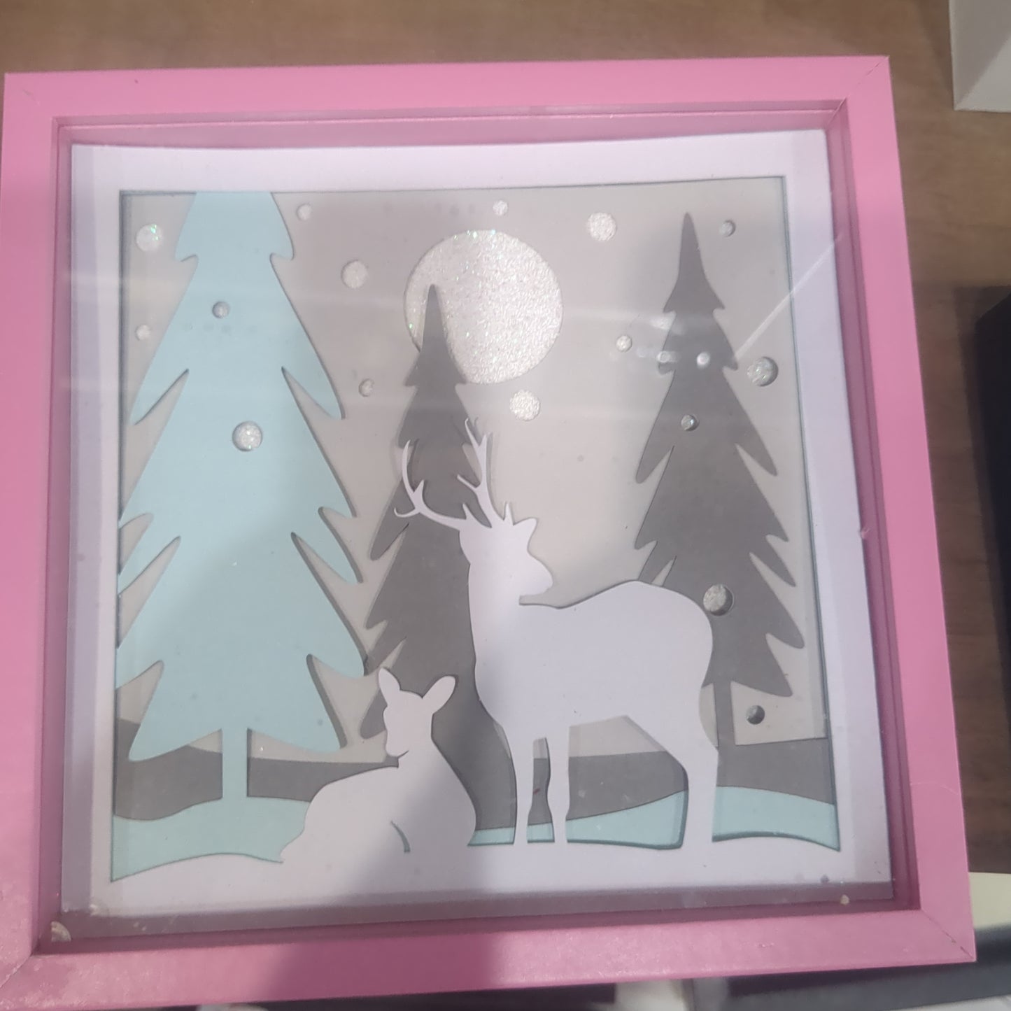 Shadowbox Pink Frame Layered Cardstock Deer in Winter Forest Scene 5 1/2 x 5 1/2" Handcrafted sb12 CLEARANCE