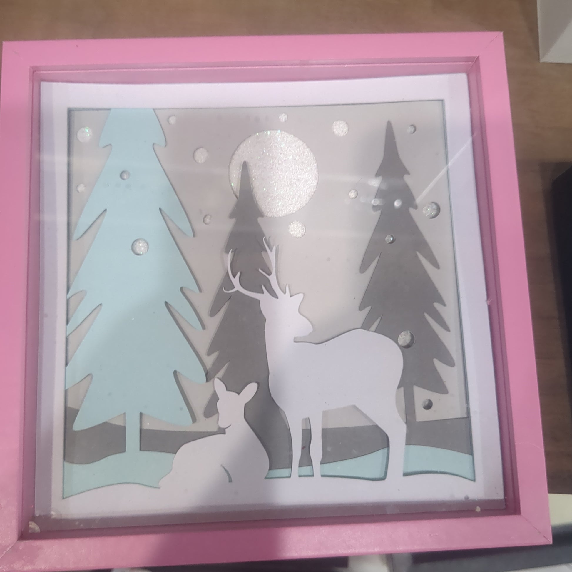 Shadowbox Pink Frame Layered Cardstock Deer in Winter Forest Scene 5 1/2 x 5 1/2" Handcrafted sb12 CLEARANCE