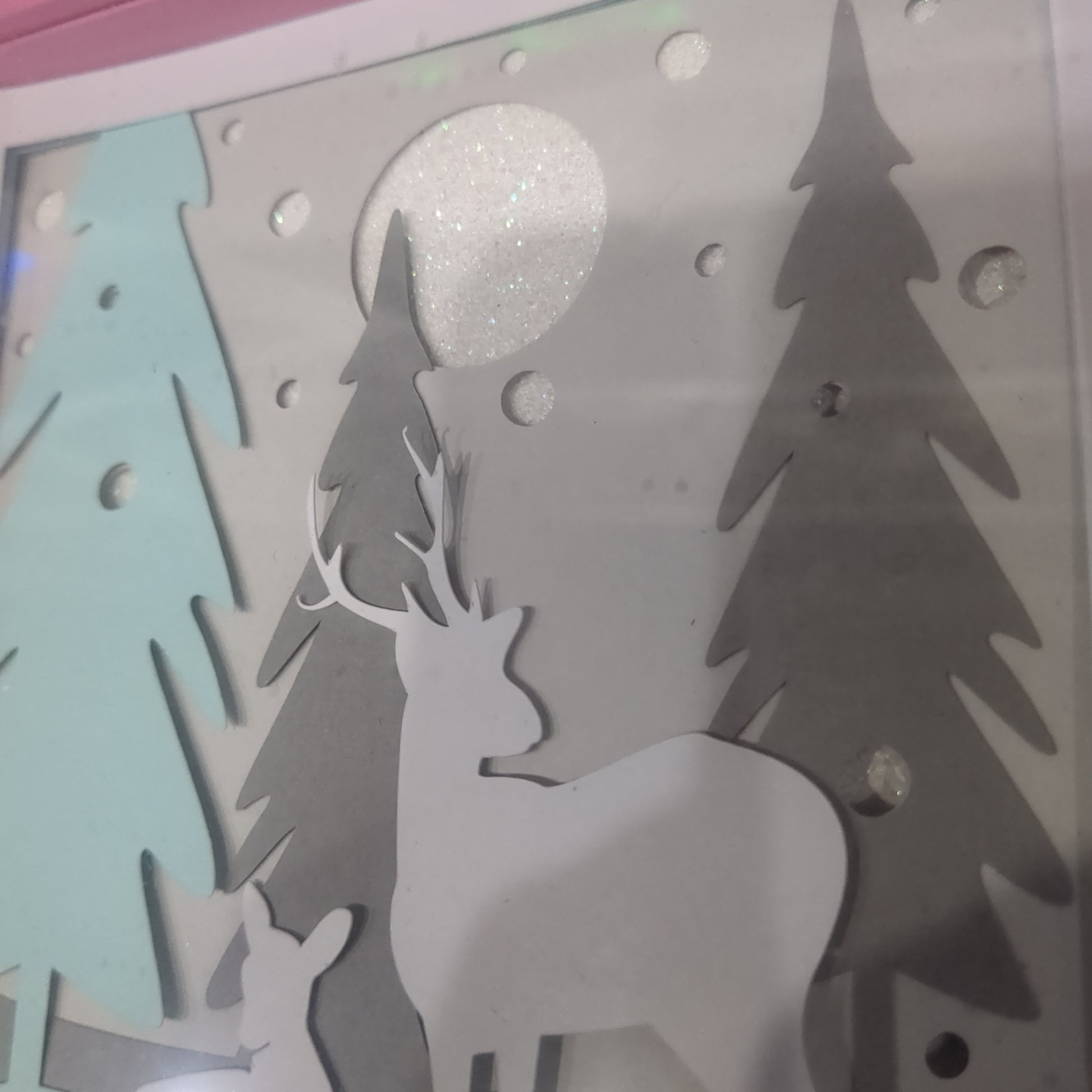 Shadowbox Pink Frame Layered Cardstock Deer in Winter Forest Scene 5 1/2 x 5 1/2" Handcrafted sb12 CLEARANCE