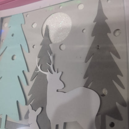 Shadowbox Pink Frame Layered Cardstock Deer in Winter Forest Scene 5 1/2 x 5 1/2" Handcrafted sb12 CLEARANCE