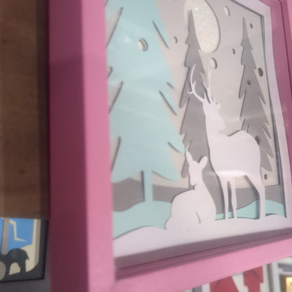 Shadowbox Pink Frame Layered Cardstock Deer in Winter Forest Scene 5 1/2 x 5 1/2" Handcrafted sb12 CLEARANCE