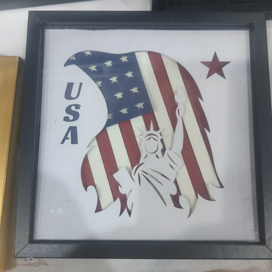 Shadowbox Black Frame Layered Cardstock USA Eagle Statue of Liberty Flag 5 1/2” x 5 1/2” sb13