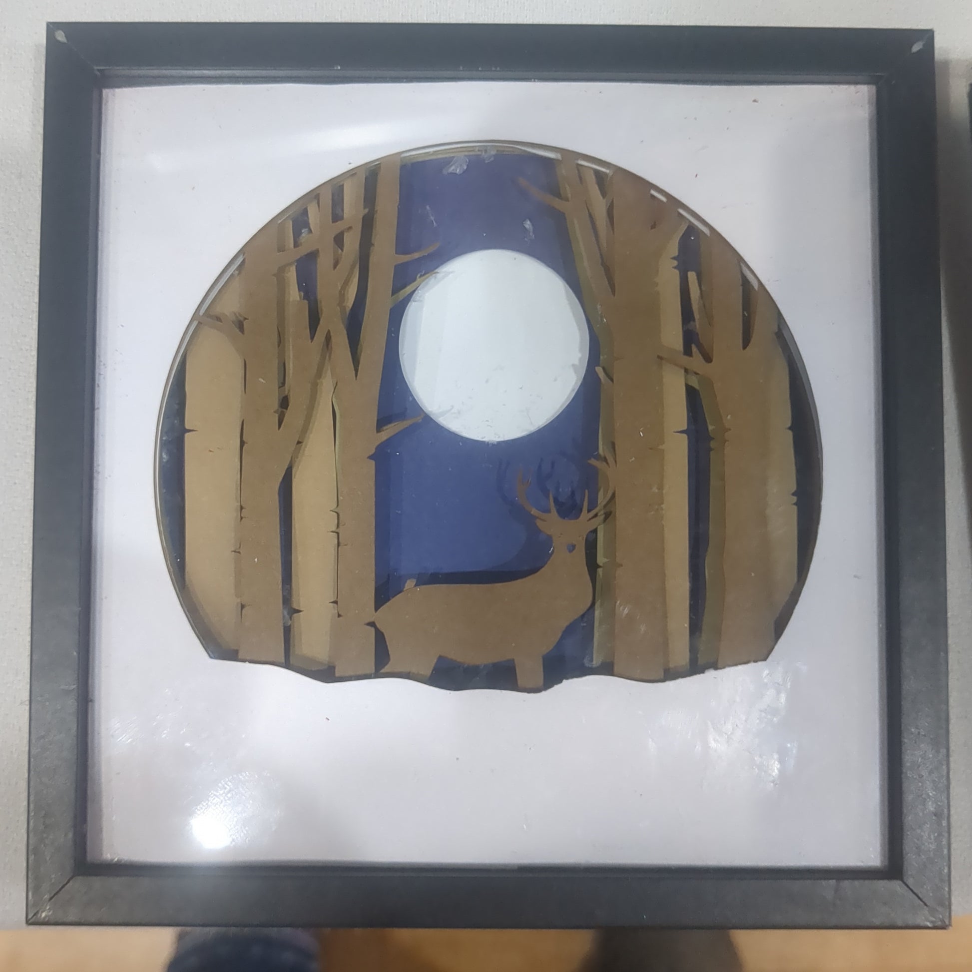 Shadowbox Black Frame Layered Cardstock Deer at Night in Winter in Forest Scene 5 1/2” x 5 1/2” Handcrafted sb9 CLEARANCE