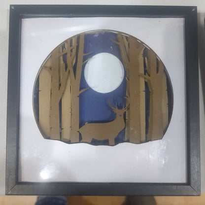 Shadowbox Black Frame Layered Cardstock Deer at Night in Winter in Forest Scene 5 1/2” x 5 1/2” Handcrafted sb9 CLEARANCE