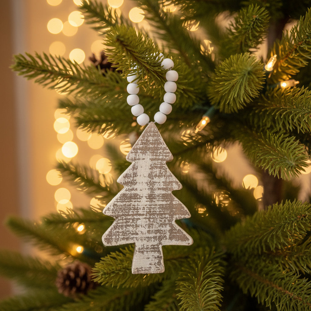 Distressed Wooden Tree Beaded Ornament dw1