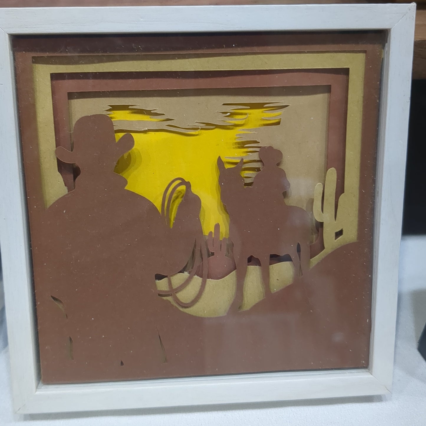 Shadowbox with Layered Cardstock Cowboys in Desert Scene 5 1/2 x 5 1/2” Handcrafted sb8 CLEARANCE