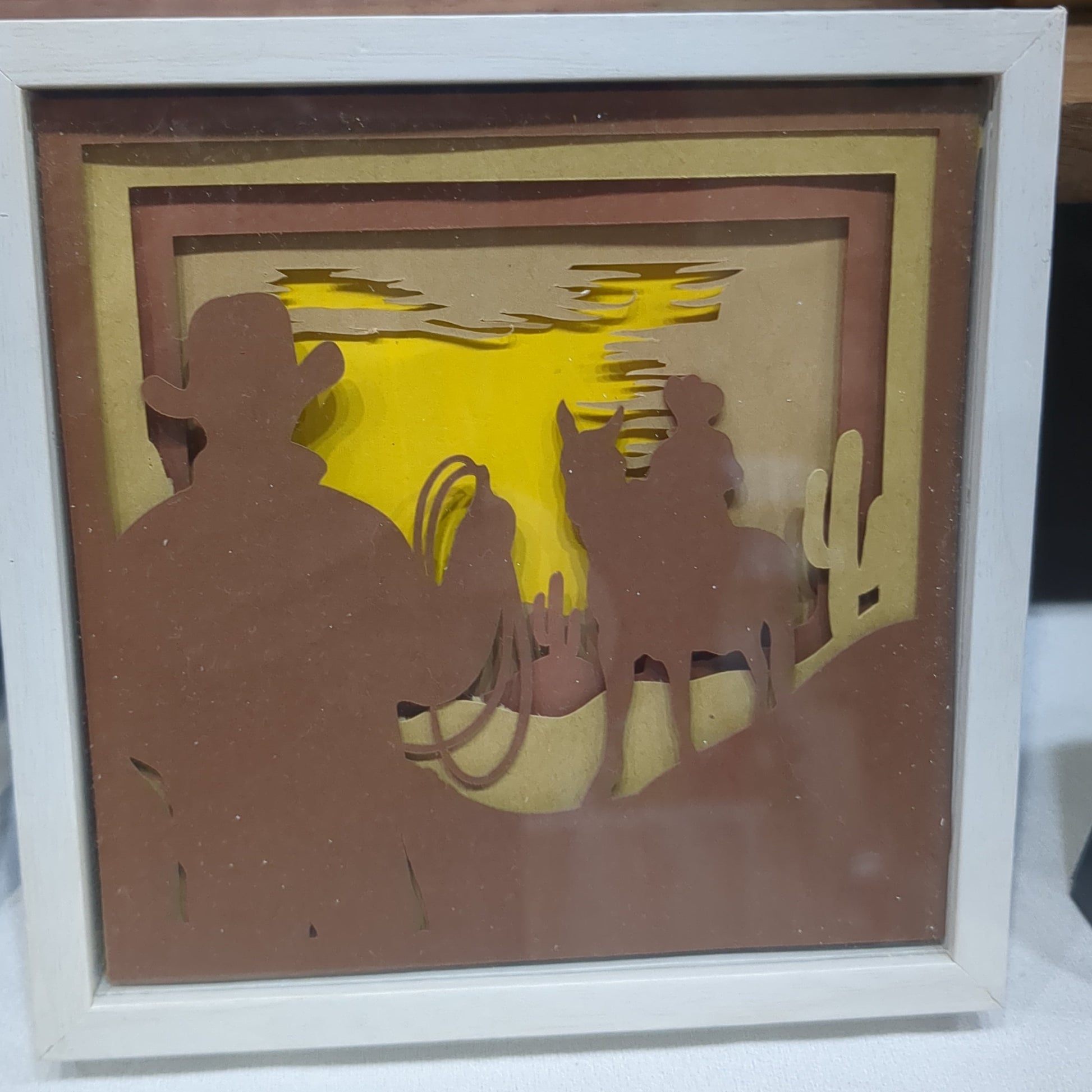 Shadowbox with Layered Cardstock Cowboys in Desert Scene 5 1/2 x 5 1/2” Handcrafted sb8 CLEARANCE