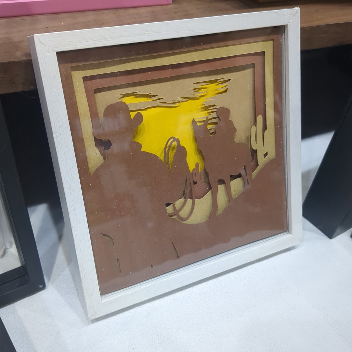 Shadowbox with Layered Cardstock Cowboys in Desert Scene 5 1/2 x 5 1/2” Handcrafted sb8 CLEARANCE