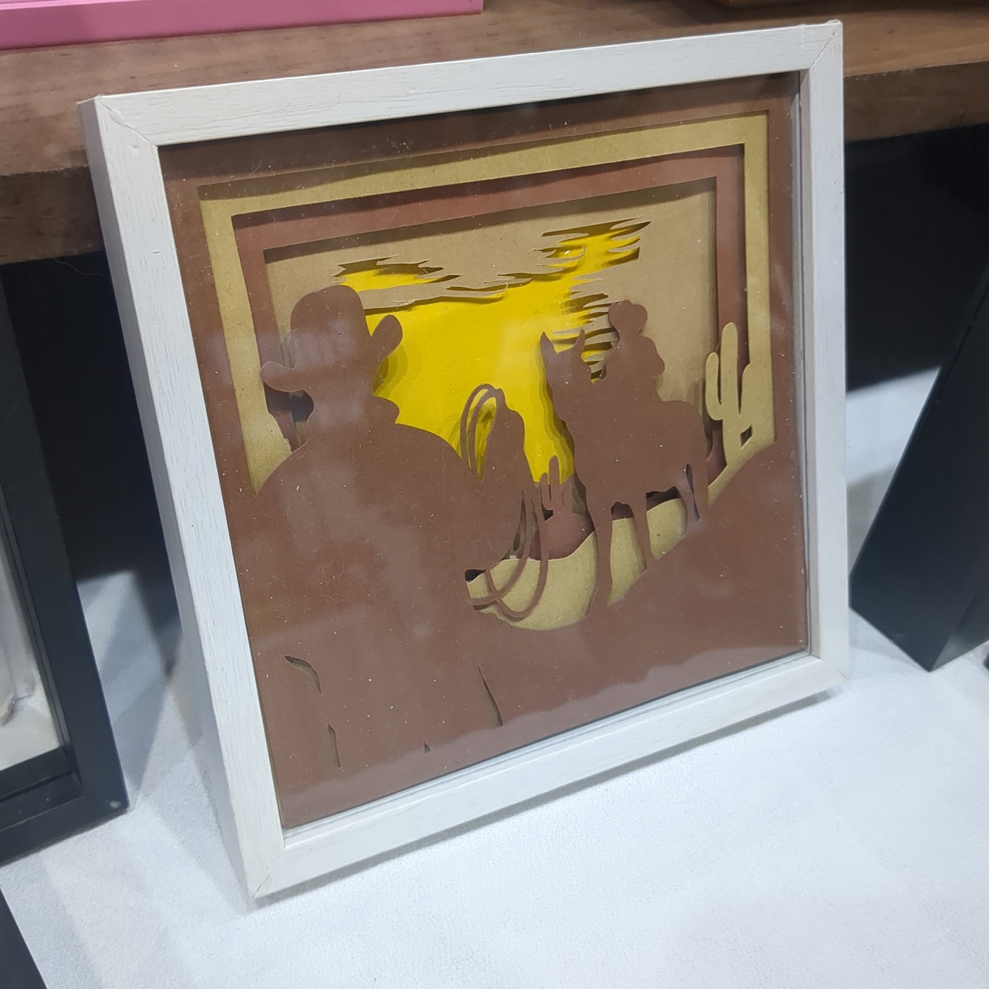 Shadowbox with Layered Cardstock Cowboys in Desert Scene 5 1/2 x 5 1/2” Handcrafted sb8 CLEARANCE