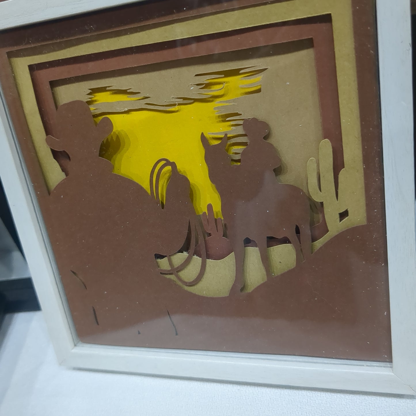 Shadowbox with Layered Cardstock Cowboys in Desert Scene 5 1/2 x 5 1/2” Handcrafted sb8 CLEARANCE