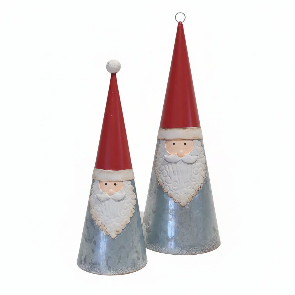 Set of 2 galvanized metal cone Santa table piece