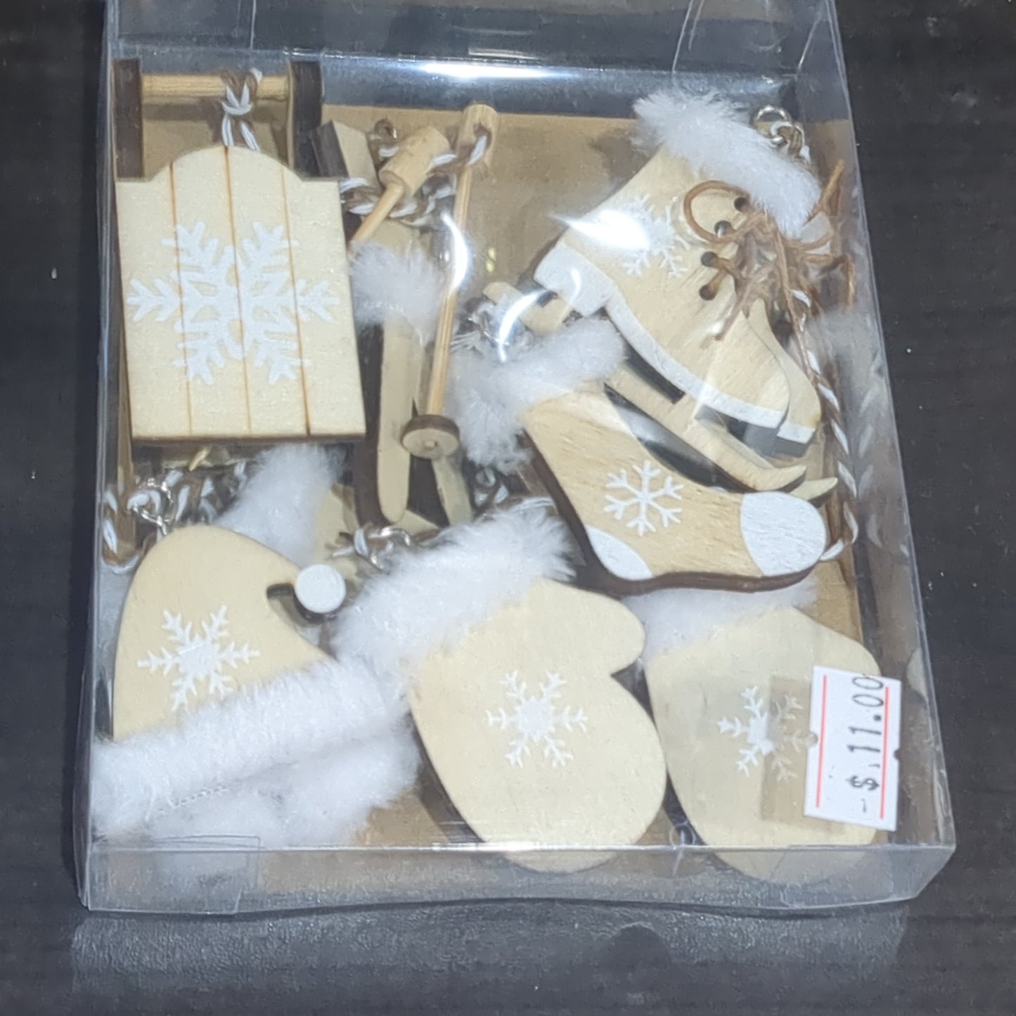 Ice Skates Set of 6 Ornaments White Natural Wood skis sled ice skates mitten glove stocking hat ic19