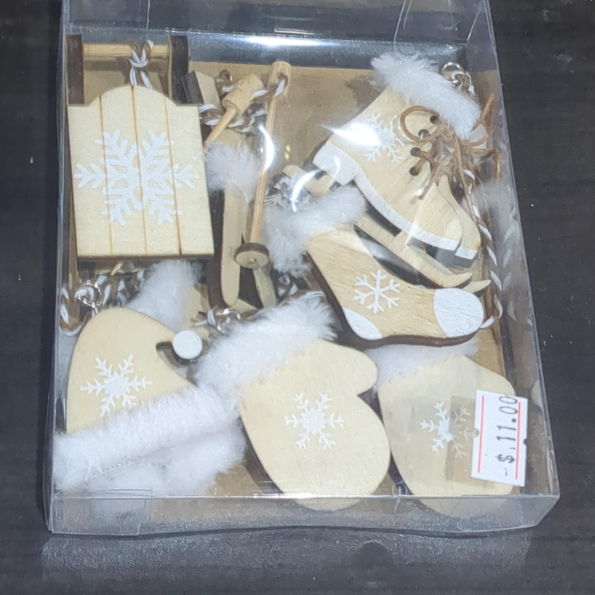 Ice Skates Set of 6 Ornaments White Natural Wood skis sled ice skates mitten glove stocking hat ic19