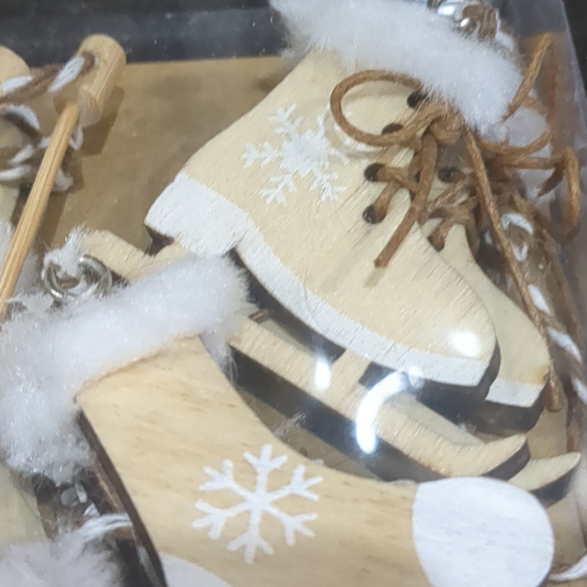 Ice Skates Set of 6 Ornaments White Natural Wood skis sled ice skates mitten glove stocking hat ic19