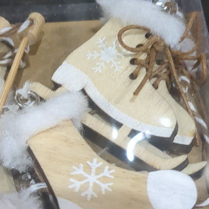 Ice Skates Set of 6 Ornaments White Natural Wood skis sled ice skates mitten glove stocking hat ic19