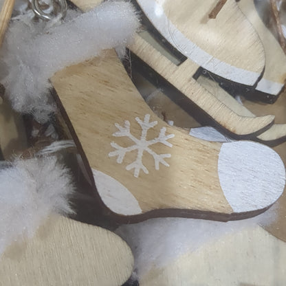 Ice Skates Set of 6 Ornaments White Natural Wood skis sled ice skates mitten glove stocking hat ic19