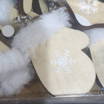Ice Skates Set of 6 Ornaments White Natural Wood skis sled ice skates mitten glove stocking hat ic19
