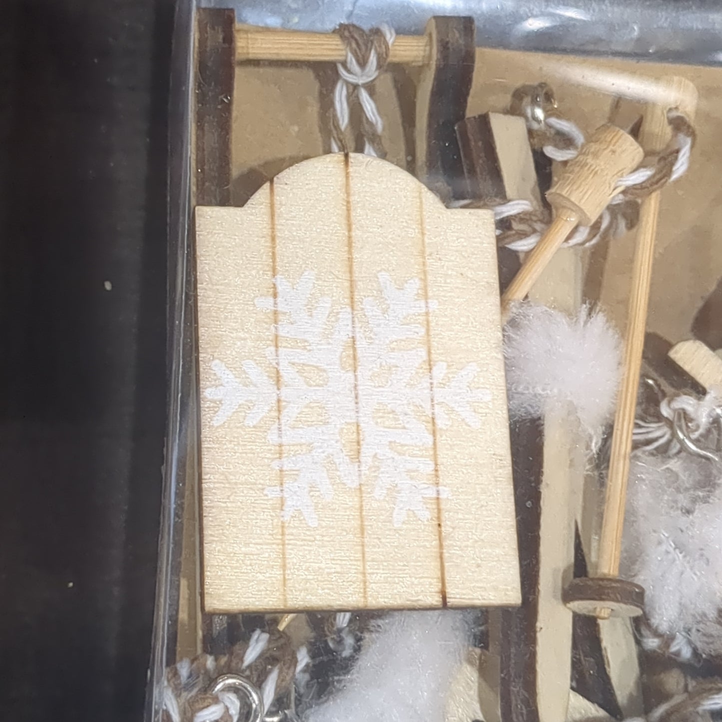 Ice Skates Set of 6 Ornaments White Natural Wood skis sled ice skates mitten glove stocking hat ic19