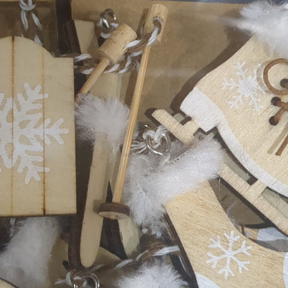 Ice Skates Set of 6 Ornaments White Natural Wood skis sled ice skates mitten glove stocking hat ic19