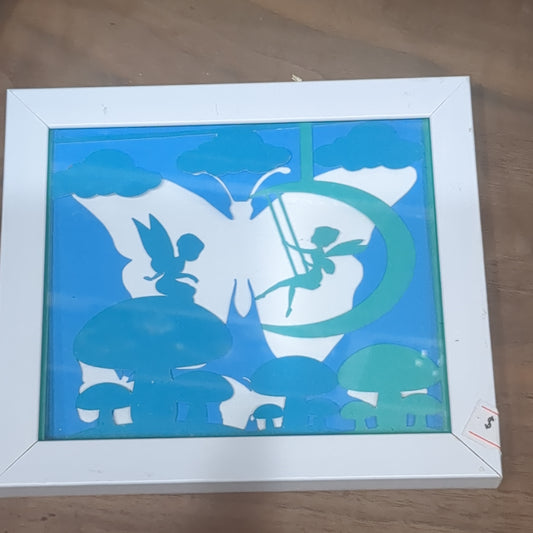 Shadowbox White Frame Layered Paper Cut Faries Swinging and on Mushroom Roughly 5 x 6“ sb6