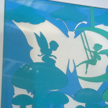 Shadowbox White Frame Layered Paper Cut Faries Swinging and on Mushroom Roughly 5 x 6“ sb6