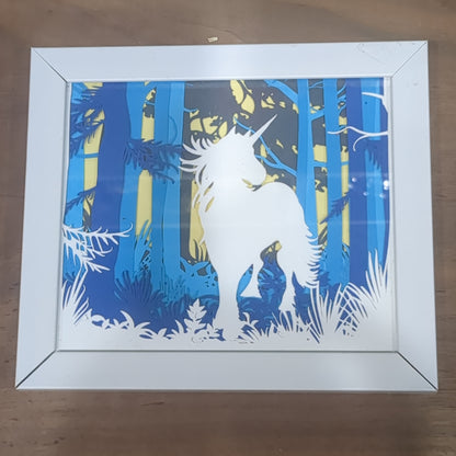 Shadowbox White Frame Layered Cardstock Unicorn in Forest Scene Roughly 5 x 6” Handcrafted sb11