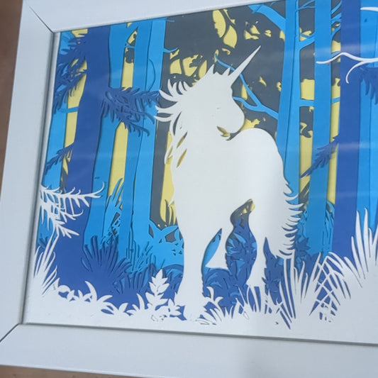 Shadowbox White Frame Layered Cardstock Unicorn in Forest Scene Roughly 5 x 6” Handcrafted sb11
