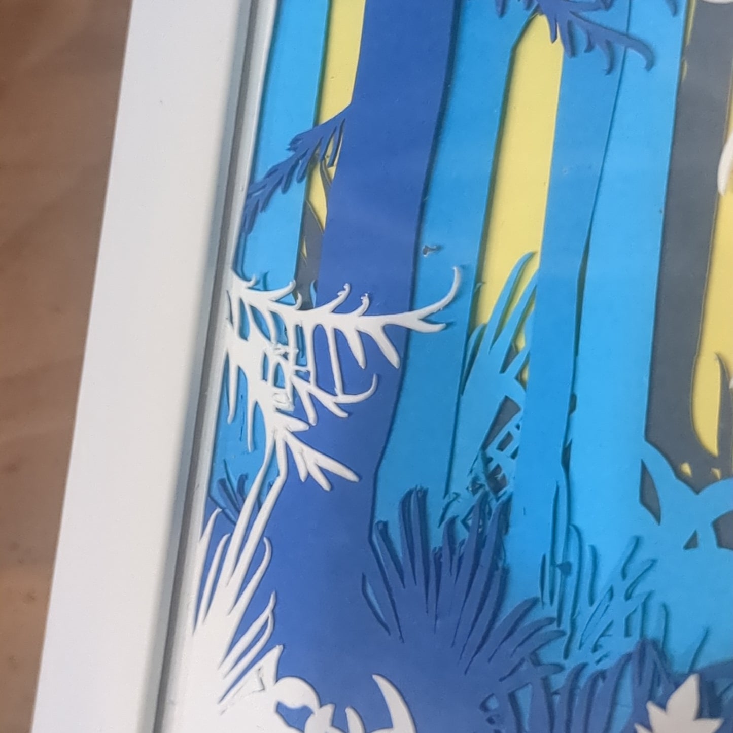 Shadowbox White Frame Layered Cardstock Unicorn in Forest Scene Roughly 5 x 6” Handcrafted sb11