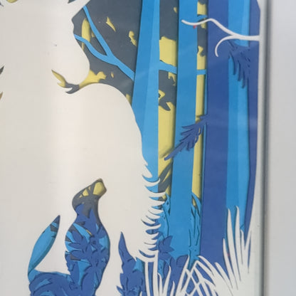 Shadowbox White Frame Layered Cardstock Unicorn in Forest Scene Roughly 5 x 6” Handcrafted sb11