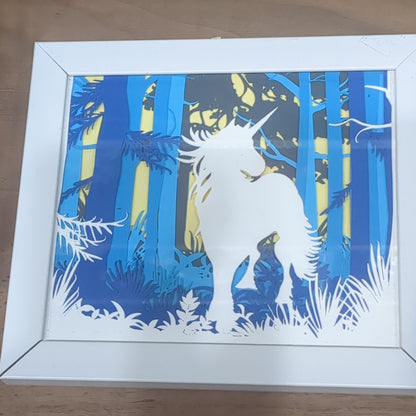 Shadowbox White Frame Layered Cardstock Unicorn in Forest Scene Roughly 5 x 6” Handcrafted sb11