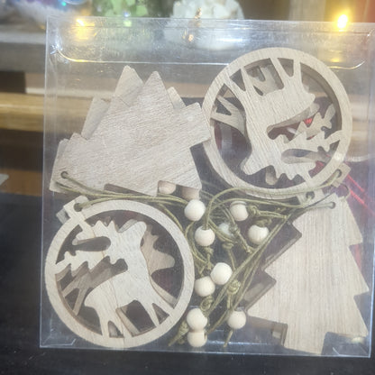Wooden Reindeer and tree Ornament Set Of 12 wo78