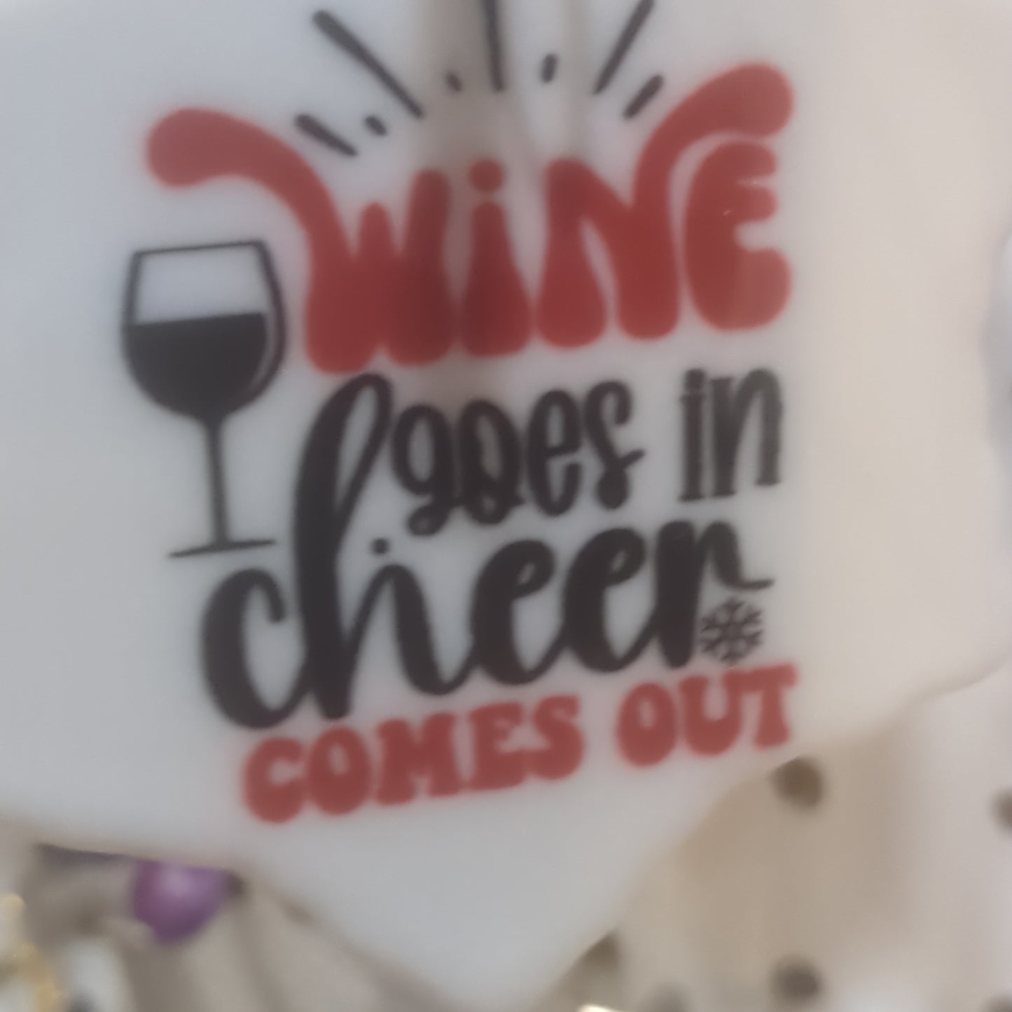 Ceramic Ornament Wine goes in cheer comes out wo61 CLEARANCE