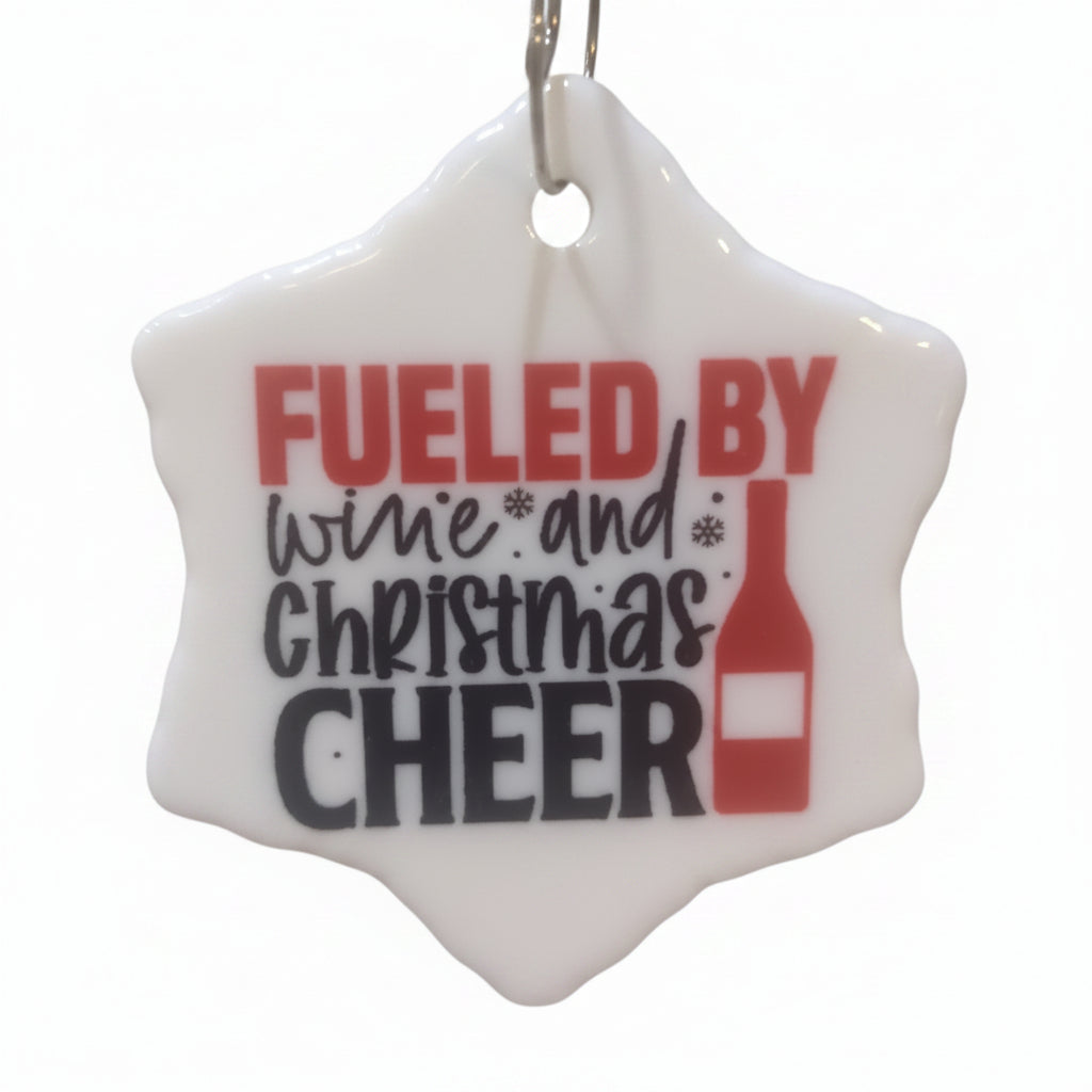 Ceramic wine ornament. Fueled by wine and Christmas cheer wo32CLEARANCE