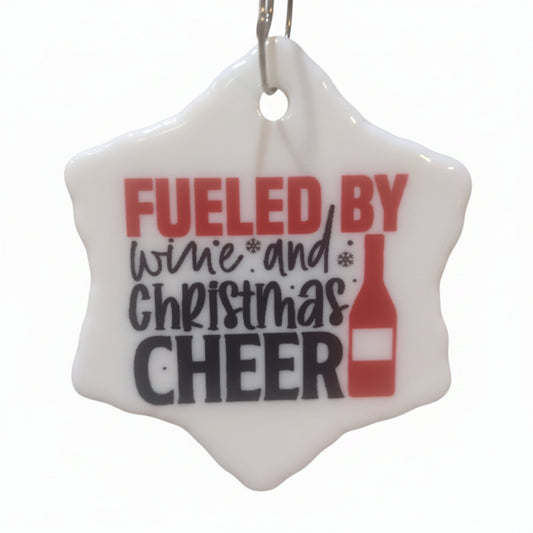 Ceramic wine ornament. Fueled by wine and Christmas cheer wo32CLEARANCE