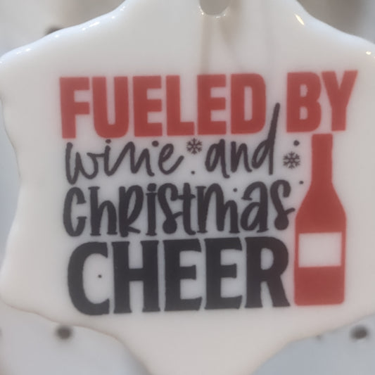Ceramic wine ornament. Fueled by wine and Christmas cheer wo32CLEARANCE