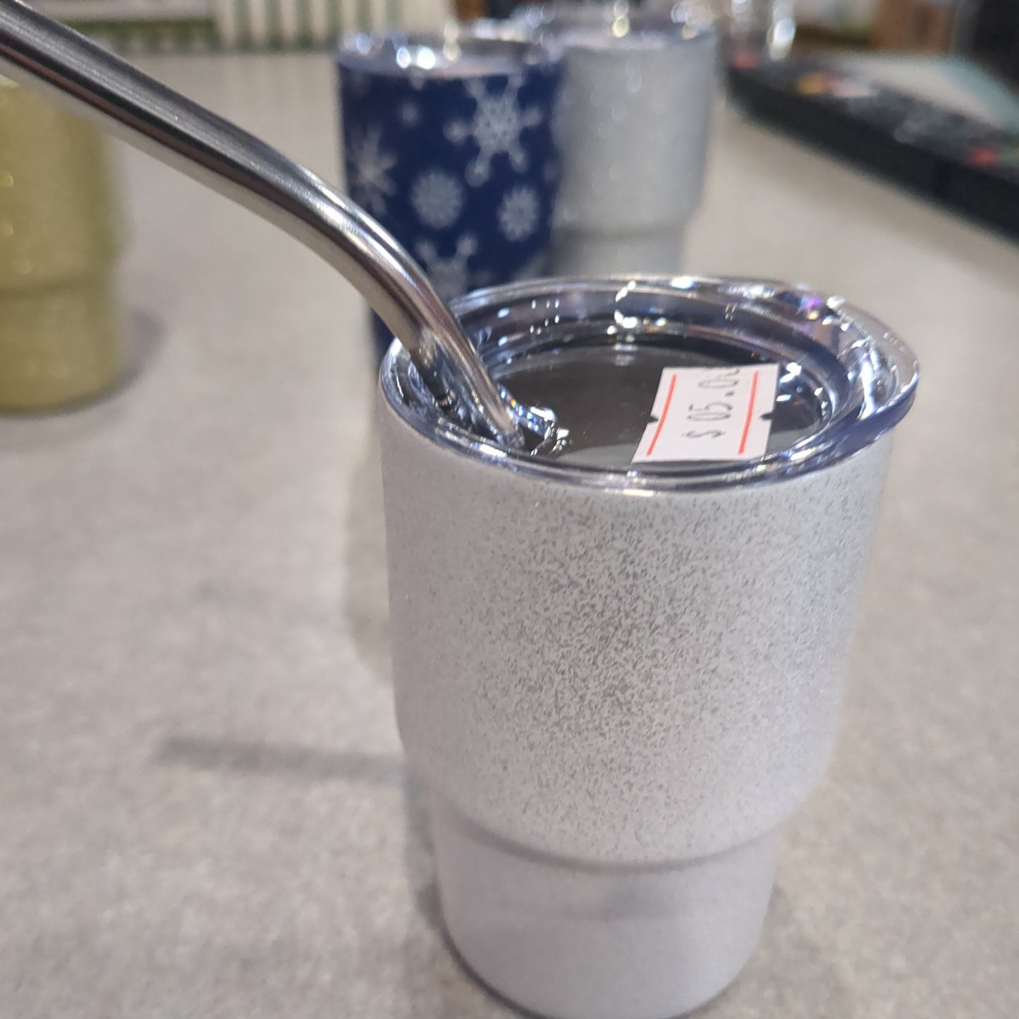 Shot glass / mini Tumbler for dolls and Barbies white glitter