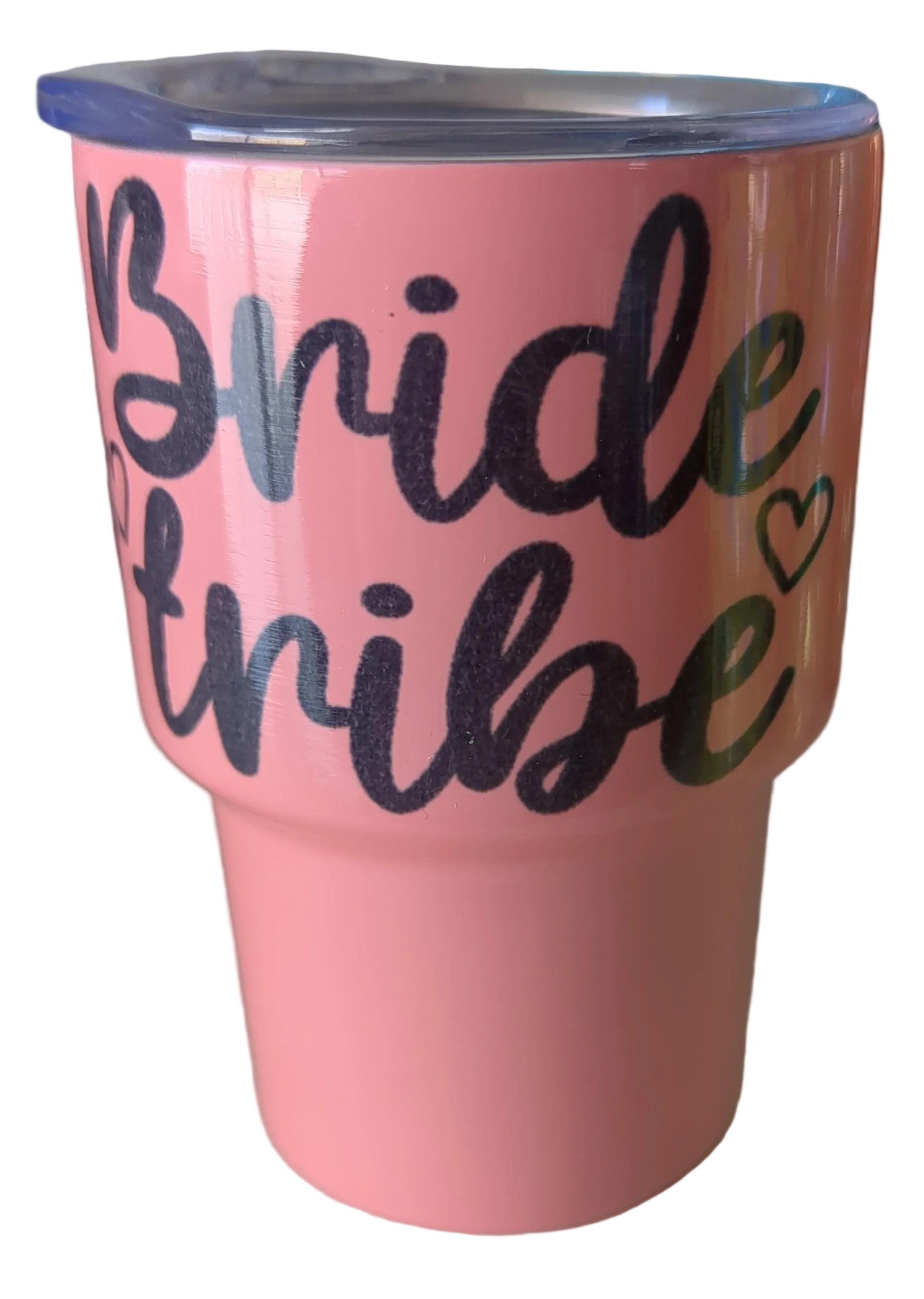Shot Glass 3 oz Stainless Steel or Mini Tumbler for Dolls salmon color says bride tribe AS IS CLEARANCE