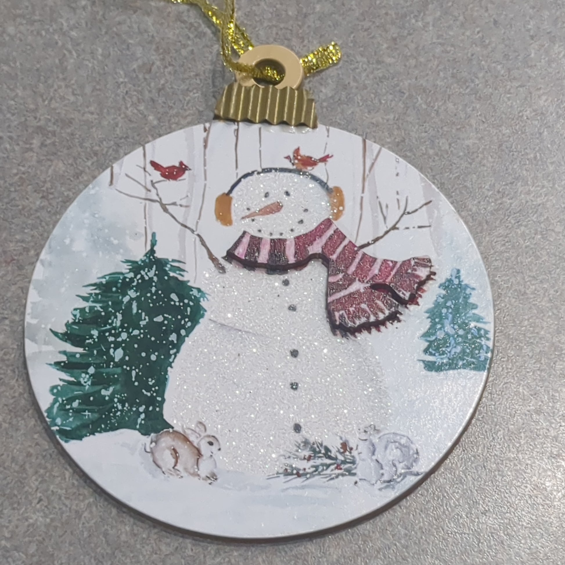 MDF ball ornament with a snowman CLEARANCE So77