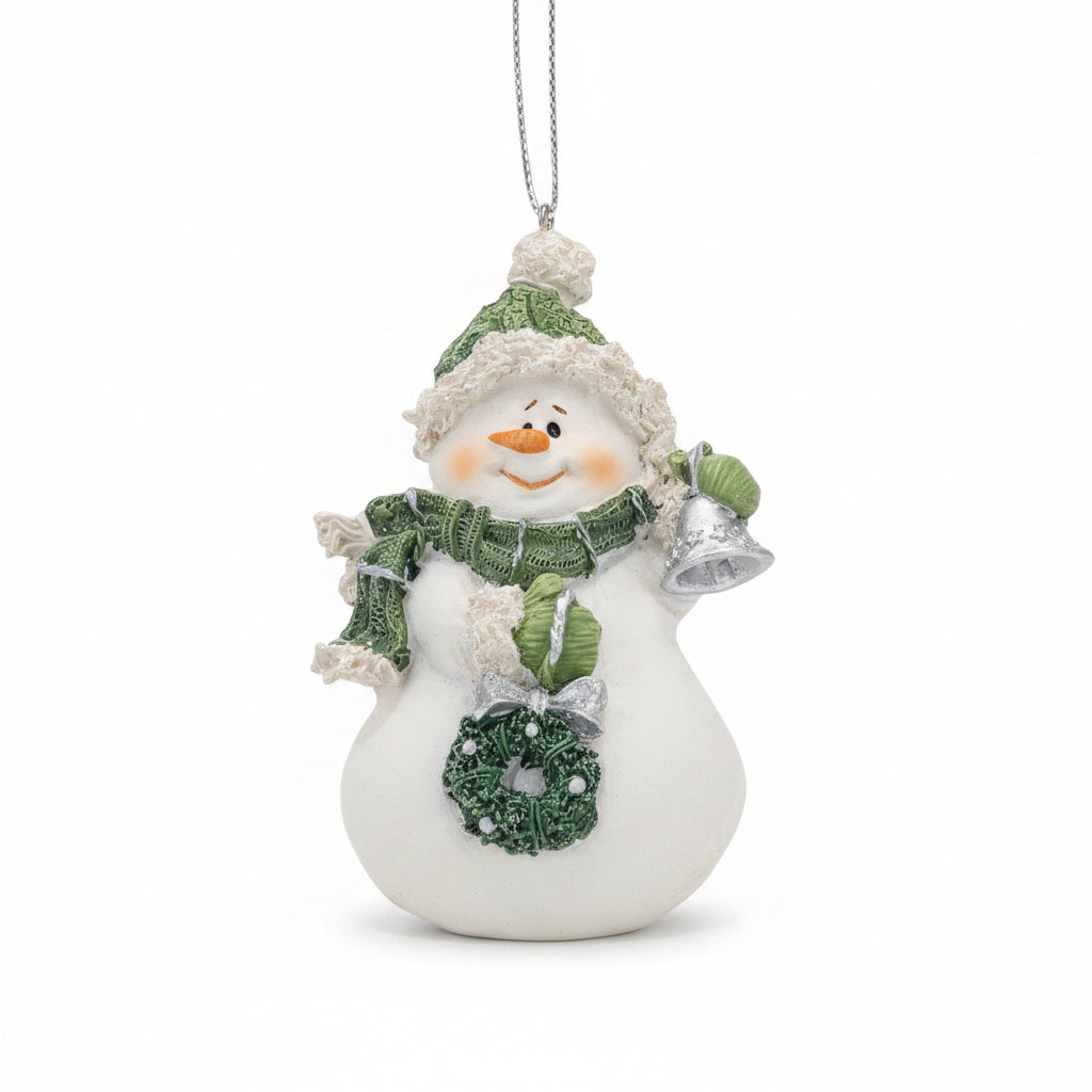 Polyacrylic snowman ornament with bell, wreath, green scarf CLEARANCE Og4