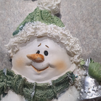 Polyacrylic snowman ornament with bell, wreath, green scarf CLEARANCE Og4