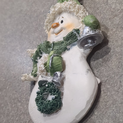 Polyacrylic snowman ornament with bell, wreath, green scarf CLEARANCE Og4