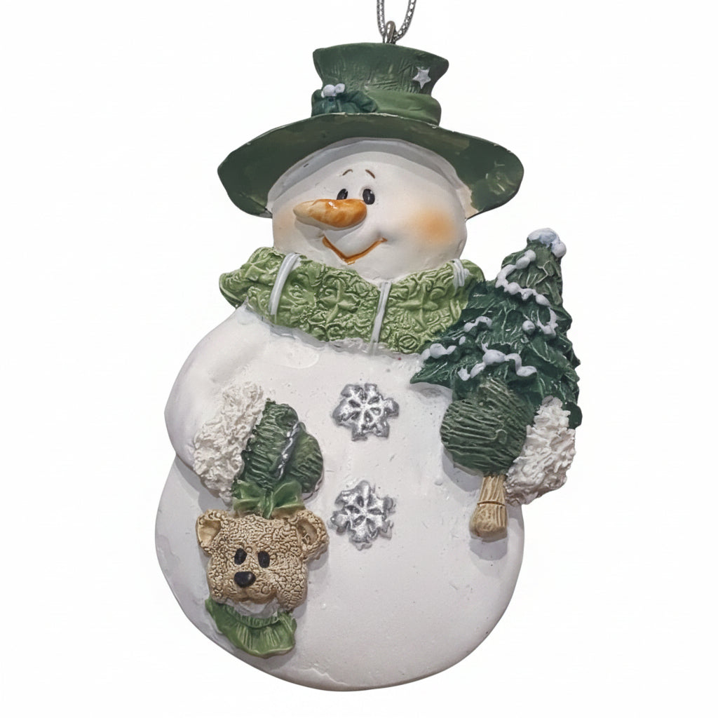 Polycrylic snowman ornament with tree and teddy bear CLEARANCE Og3