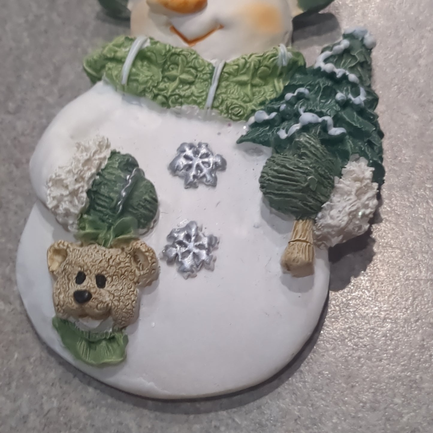 Polycrylic snowman ornament with tree and teddy bear CLEARANCE Og3