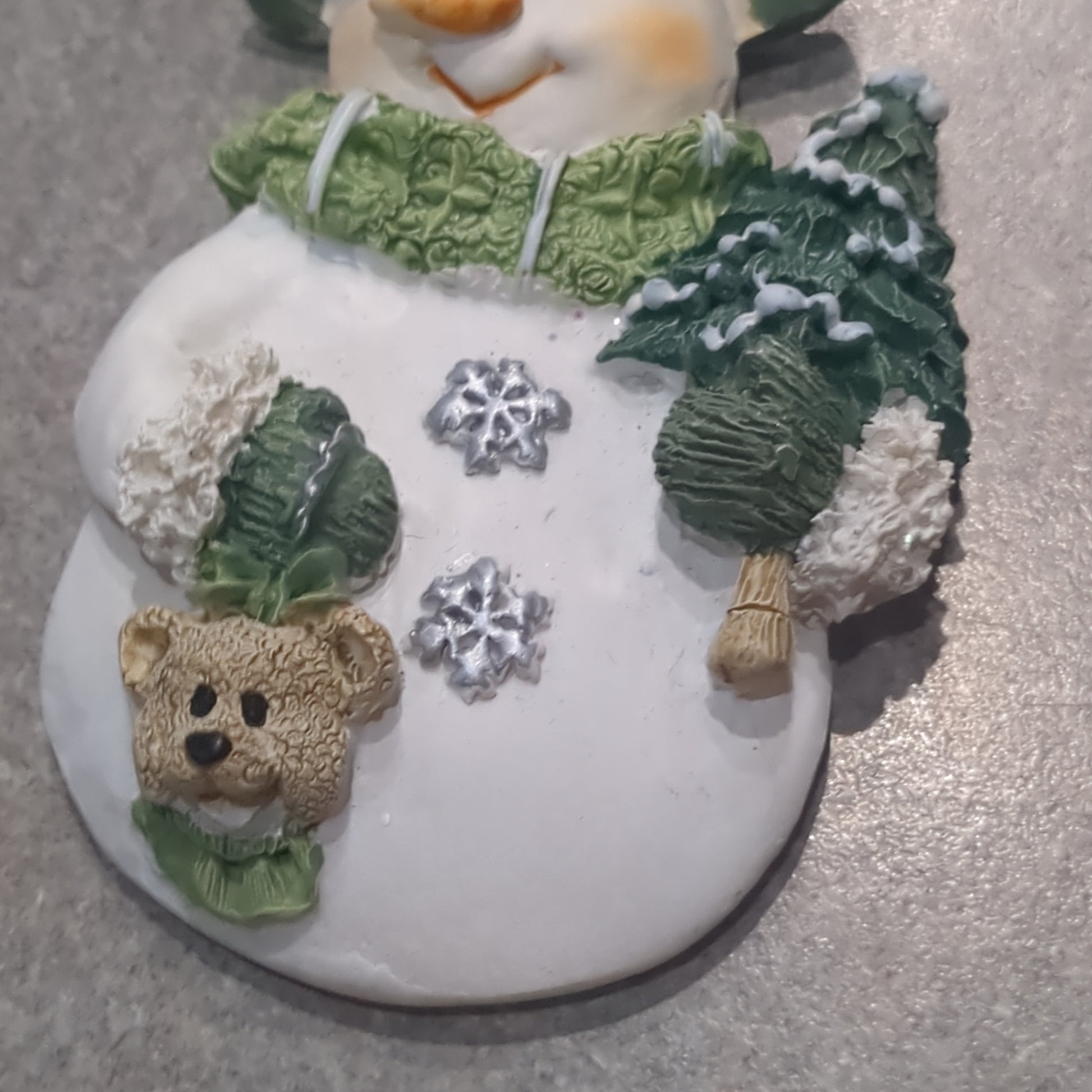 Polycrylic snowman ornament with tree and teddy bear CLEARANCE Og3