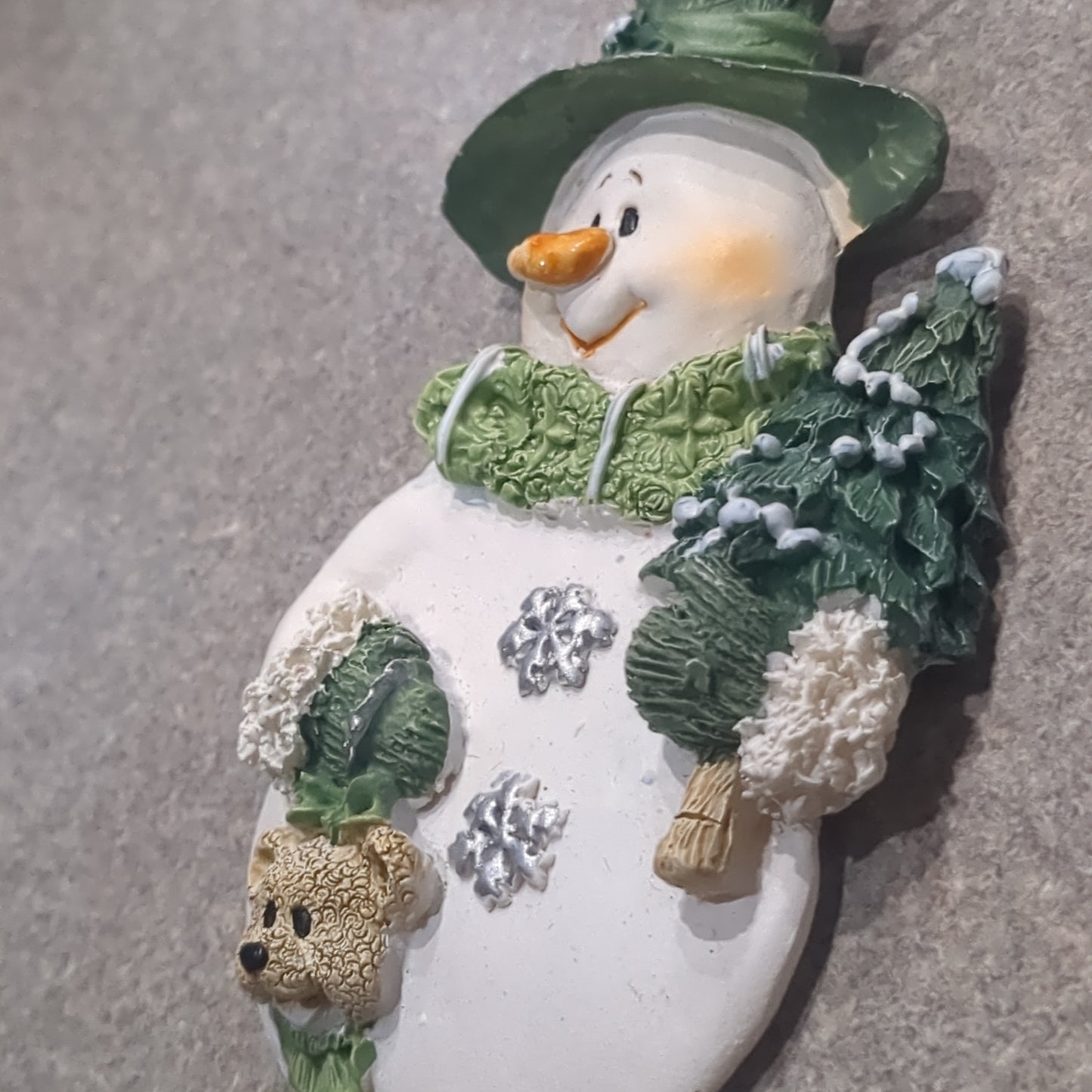 Polycrylic snowman ornament with tree and teddy bear CLEARANCE Og3