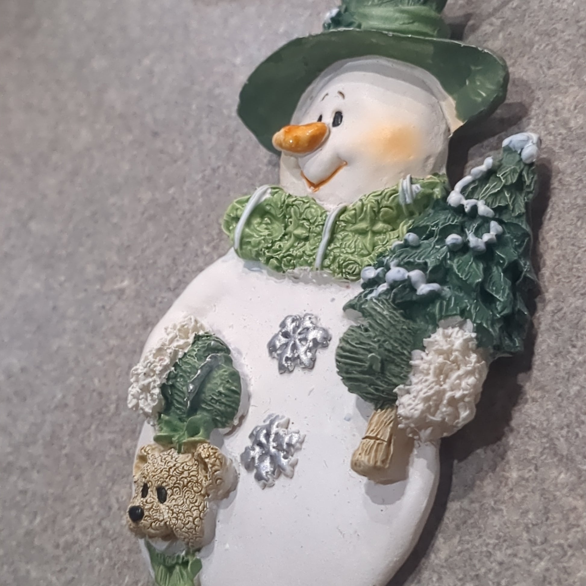 Polycrylic snowman ornament with tree and teddy bear CLEARANCE Og3