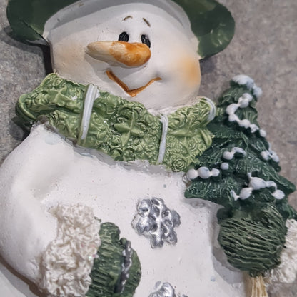 Polycrylic snowman ornament with tree and teddy bear CLEARANCE Og3
