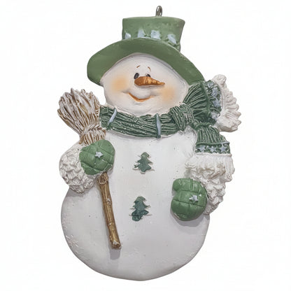 Polyacrylic snowman ornament with a broom - green CLEARANCE og2