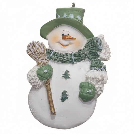 Polyacrylic snowman ornament with a broom - green CLEARANCE og2